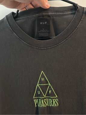 HUF Black Short Sleeve Tee with Neon Green Pleasures Logo